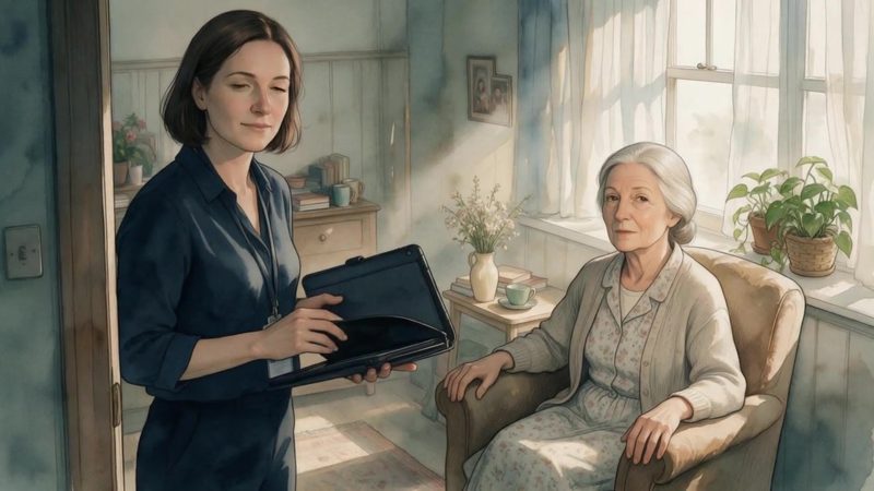 An assessor with a tablet visits an elderly woman in her armchair by a sunlit window.