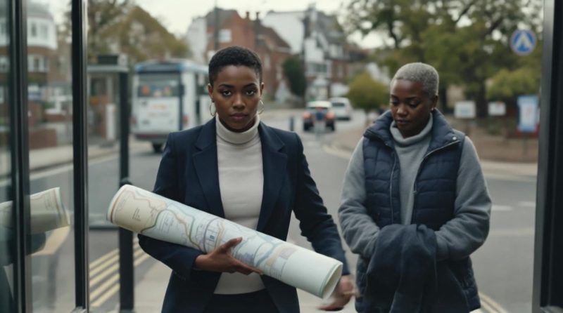 Two residents outside a community building, one carrying rolled-up plans.