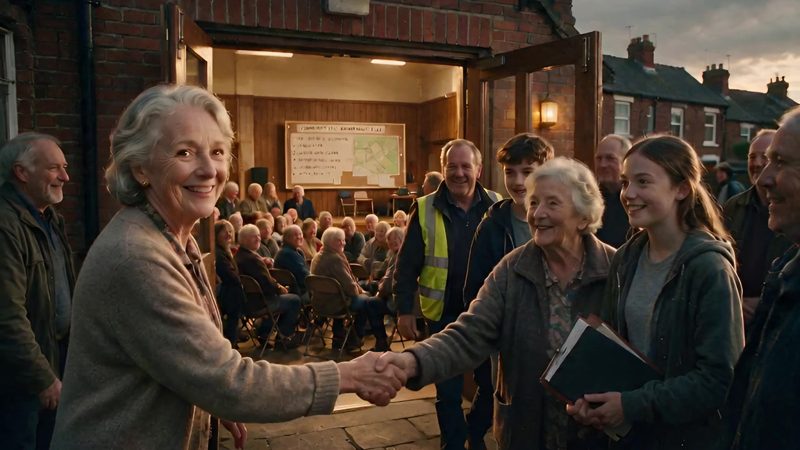Pauline Vasey shakes hands in a packed community hall.