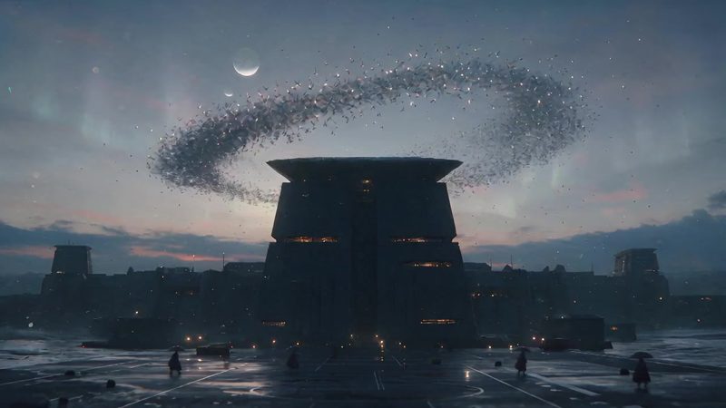 A ringed planet hangs over a dark frontier settlement.