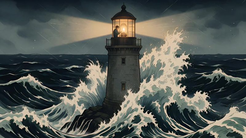 A lighthouse in a storm, waves breaking over the rock.