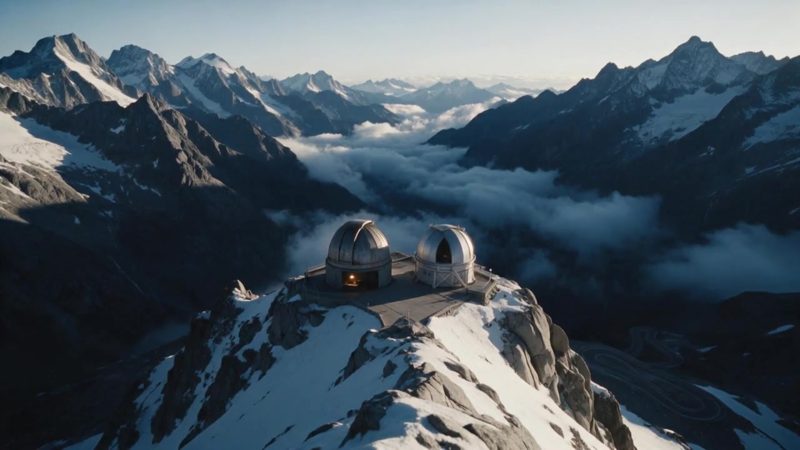An observatory on a snow-covered mountain ridge.