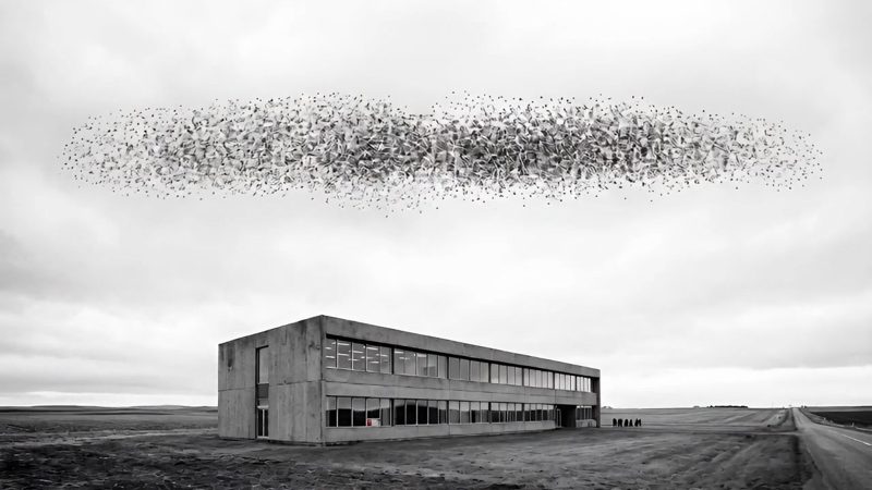 A murmuration of starlings over a civic building, in black and white.