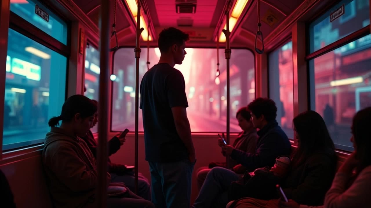 A passenger reads their phone on a city bus at dusk.