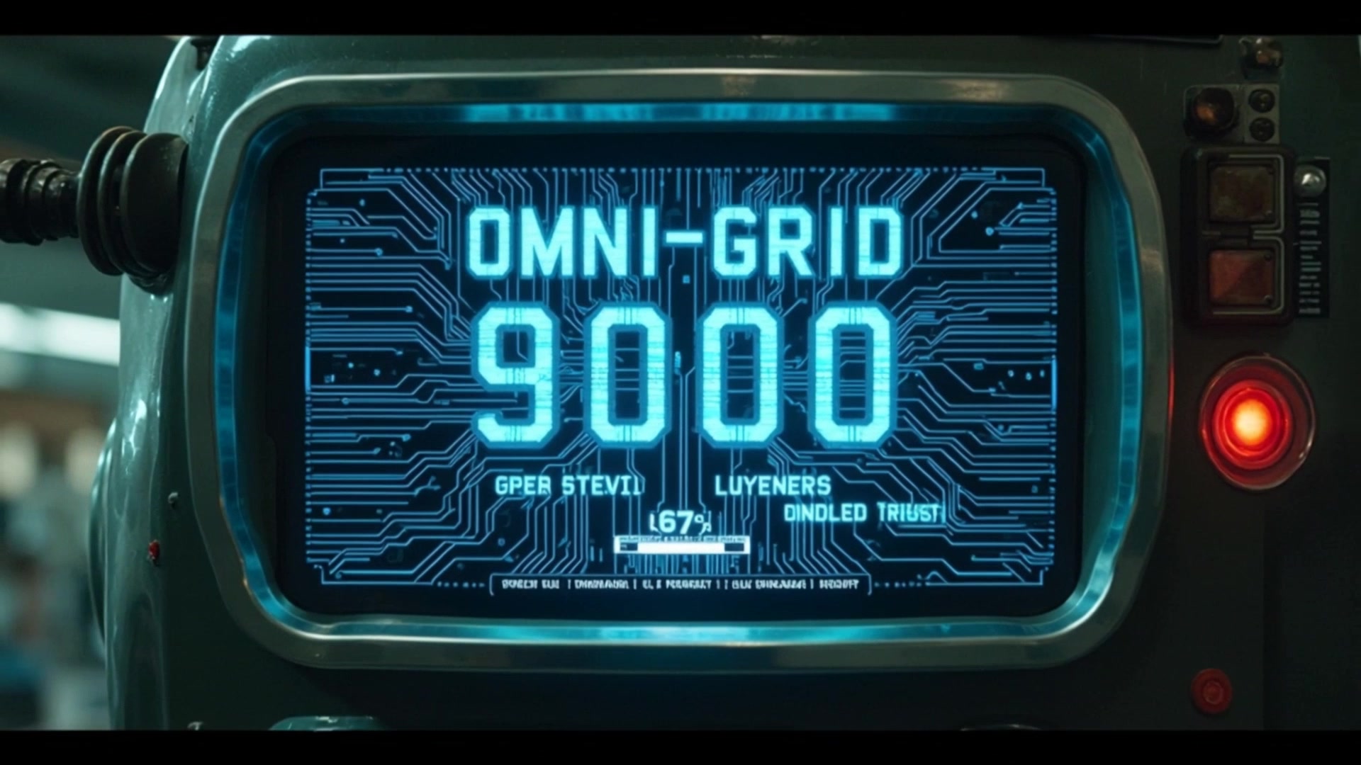 A Net-zero dashboard labelled OMNI-GRID 9000 glowing cyan, stuck at 67% — the trigger beat of the episode.
