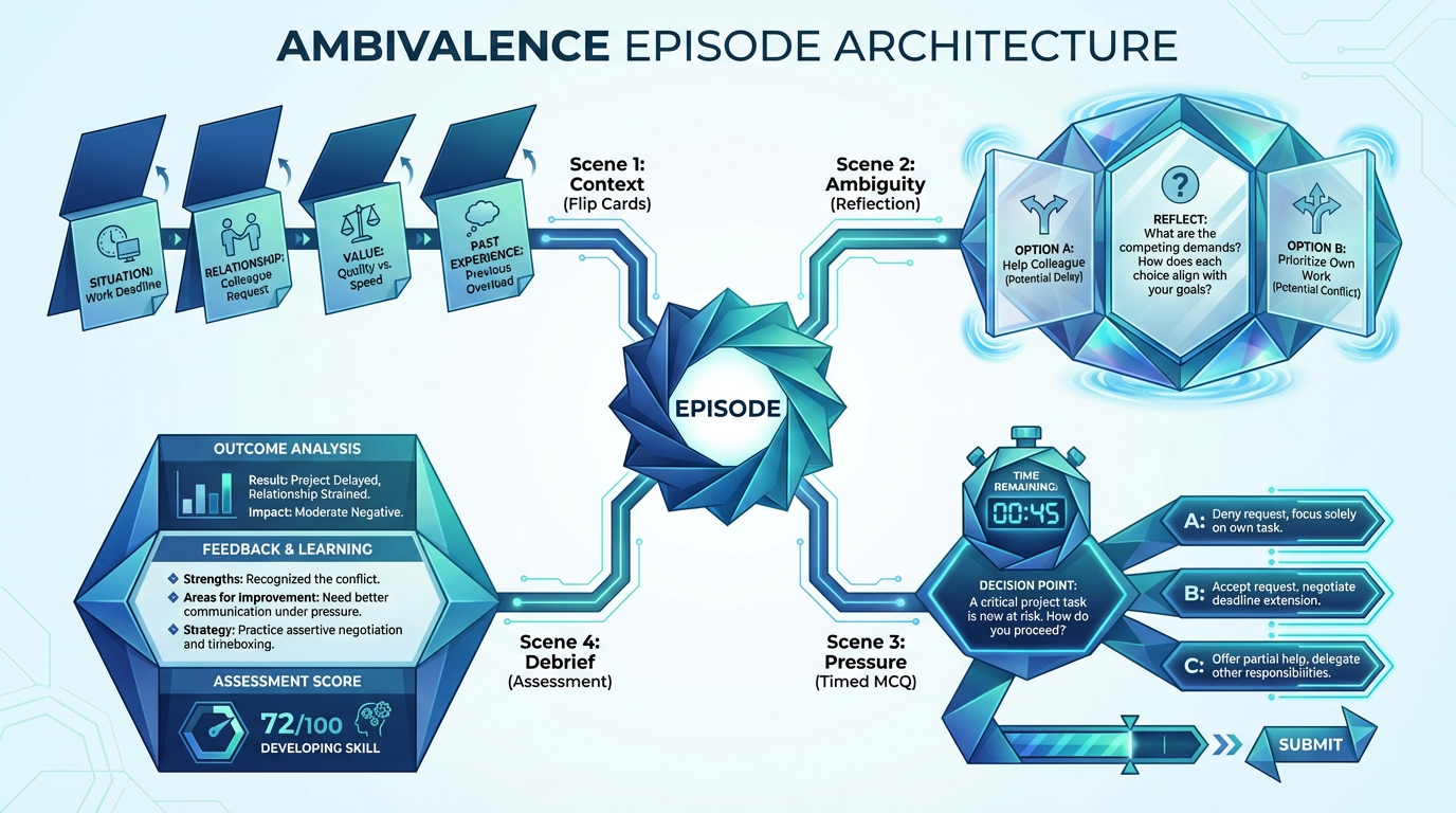 ambivalence Episode Architecture — showing scene flow, decision points, and debrief structure