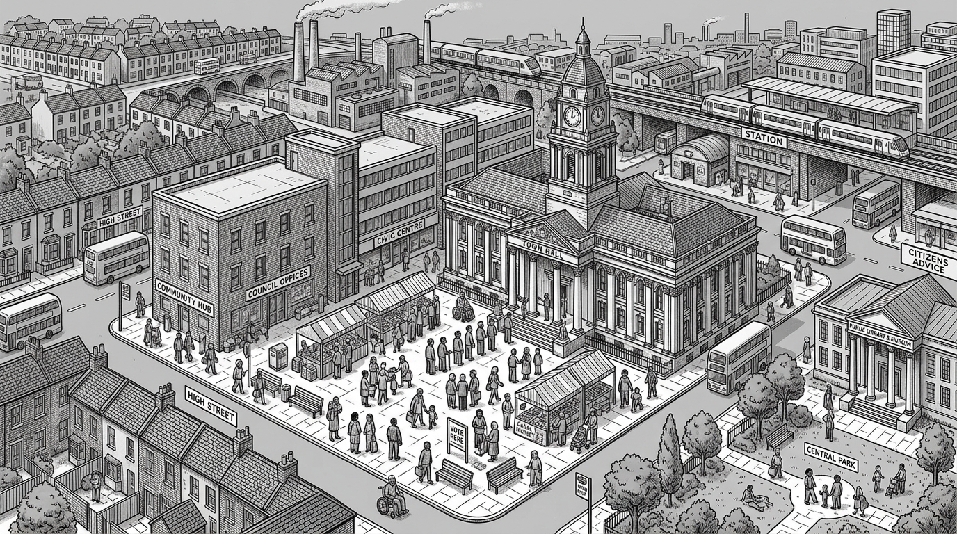 Civic institutions and communities in their wider ecosystem — diverse urban square with institutional buildings